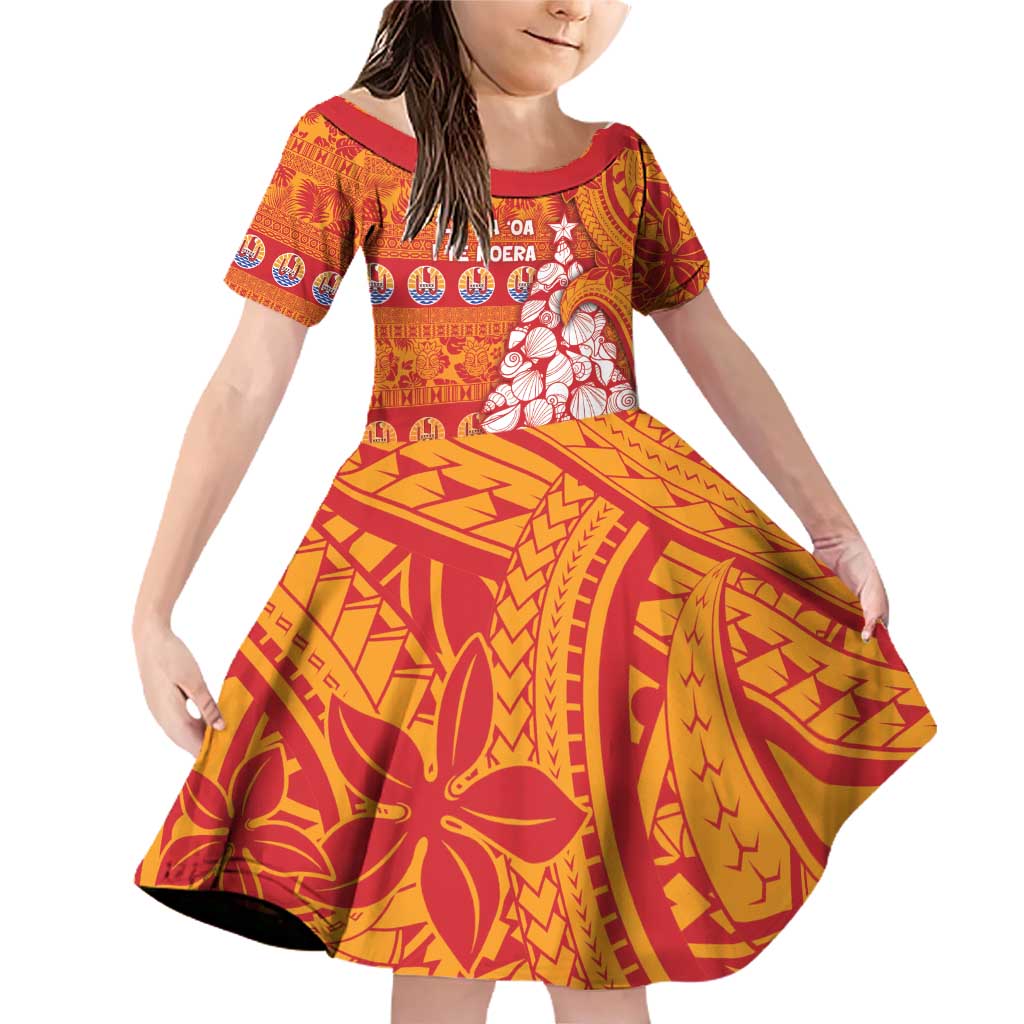 French Polynesia Christmas Family Matching Off Shoulder Short Dress and Hawaiian Shirt Seashell Xmas Tree Tribal Waves - Polynesian Pride