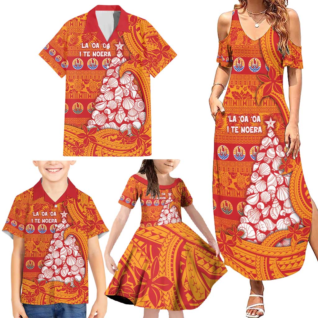 French Polynesia Christmas Family Matching Summer Maxi Dress and Hawaiian Shirt Seashell Xmas Tree Tribal Waves - Polynesian Pride