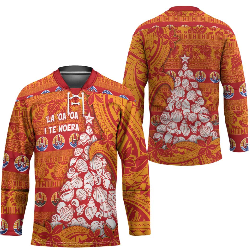 French Polynesia Christmas Hockey Jersey Seashell Xmas Tree Tribal Waves - Polynesian Pride