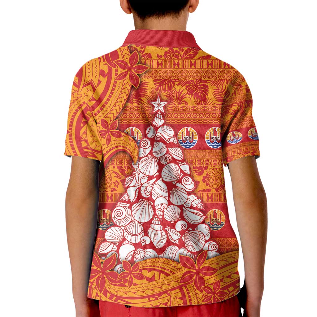 French Polynesia Christmas Kid Polo Shirt Seashell Xmas Tree Tribal Waves - Polynesian Pride
