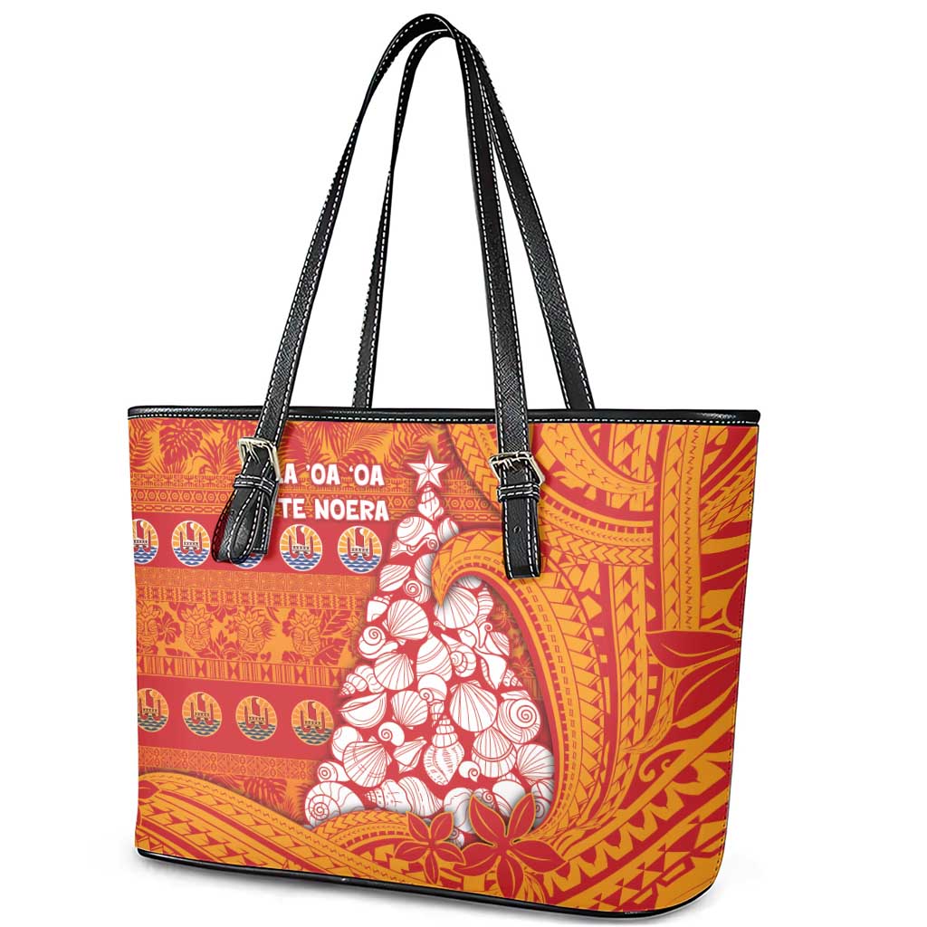 French Polynesia Christmas Leather Tote Bag Seashell Xmas Tree Tribal Waves - Polynesian Pride