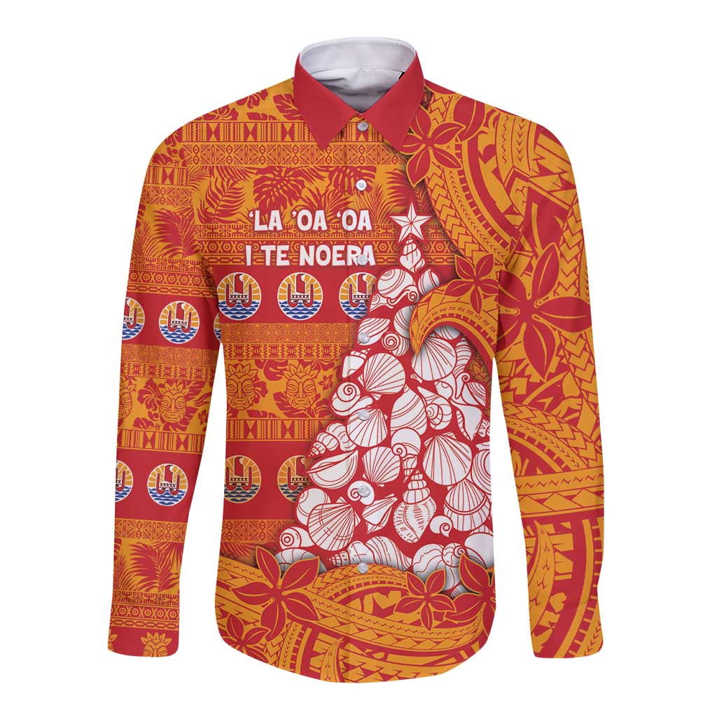 French Polynesia Christmas Long Sleeve Button Shirt Seashell Xmas Tree Tribal Waves - Polynesian Pride