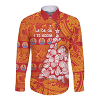 French Polynesia Christmas Long Sleeve Button Shirt Seashell Xmas Tree Tribal Waves - Polynesian Pride