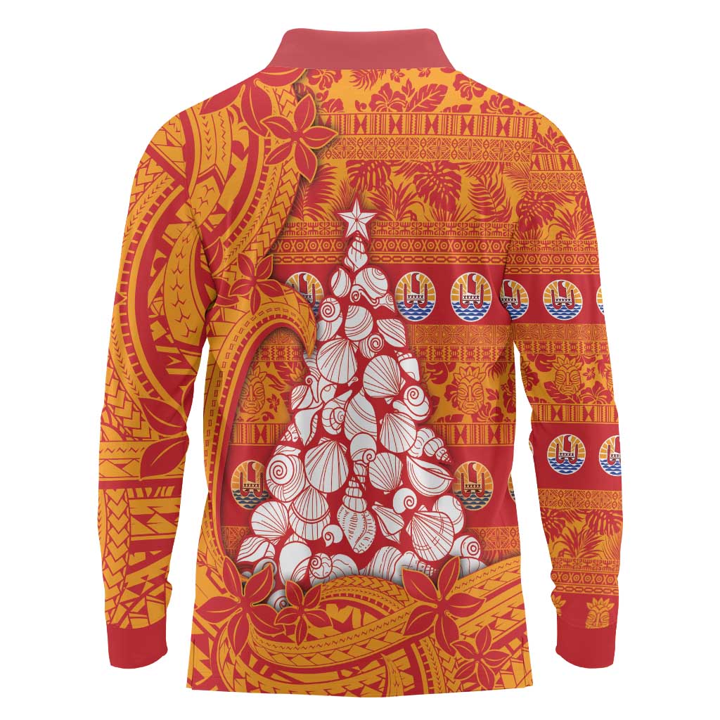 French Polynesia Christmas Long Sleeve Polo Shirt Seashell Xmas Tree Tribal Waves - Polynesian Pride