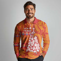 French Polynesia Christmas Long Sleeve Polo Shirt Seashell Xmas Tree Tribal Waves - Polynesian Pride