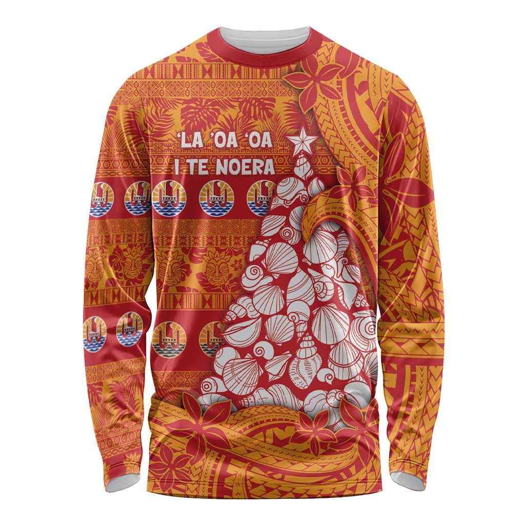 French Polynesia Christmas Long Sleeve Shirt Seashell Xmas Tree Tribal Waves - Polynesian Pride