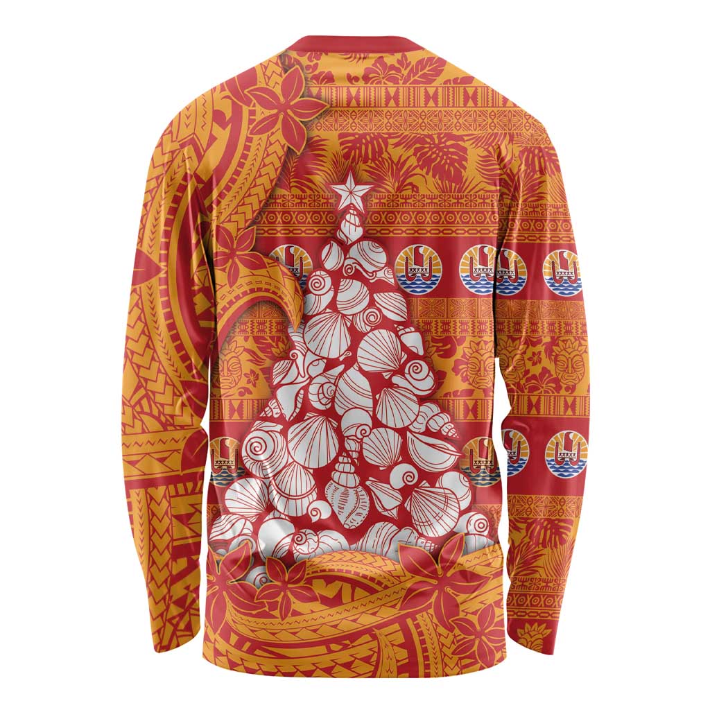 French Polynesia Christmas Long Sleeve Shirt Seashell Xmas Tree Tribal Waves - Polynesian Pride