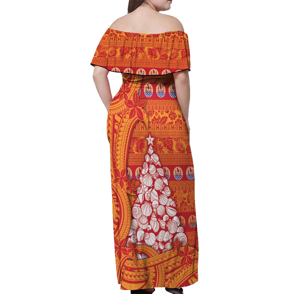 French Polynesia Christmas Off Shoulder Maxi Dress Seashell Xmas Tree Tribal Waves - Polynesian Pride