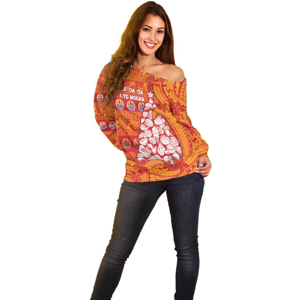 French Polynesia Christmas Off Shoulder Sweater Seashell Xmas Tree Tribal Waves - Polynesian Pride
