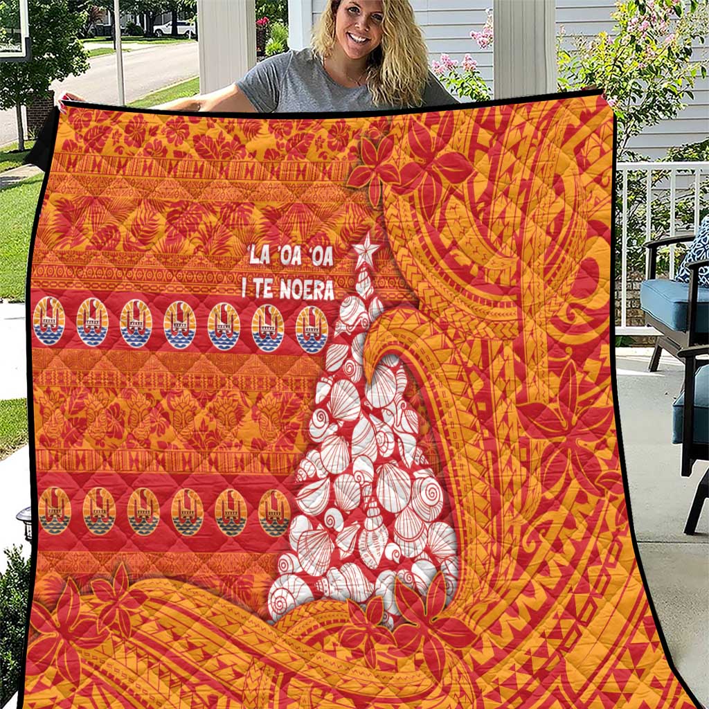 French Polynesia Christmas Quilt Seashell Xmas Tree Tribal Waves - Polynesian Pride