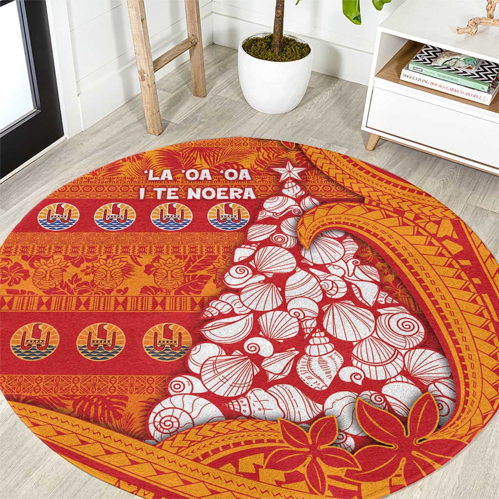 French Polynesia Christmas Round Carpet Seashell Xmas Tree Tribal Waves - Polynesian Pride