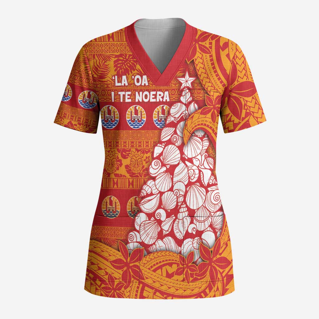 French Polynesia Christmas Scrub Top Seashell Xmas Tree Tribal Waves - Polynesian Pride