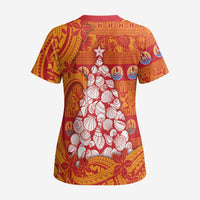French Polynesia Christmas Scrub Top Seashell Xmas Tree Tribal Waves - Polynesian Pride