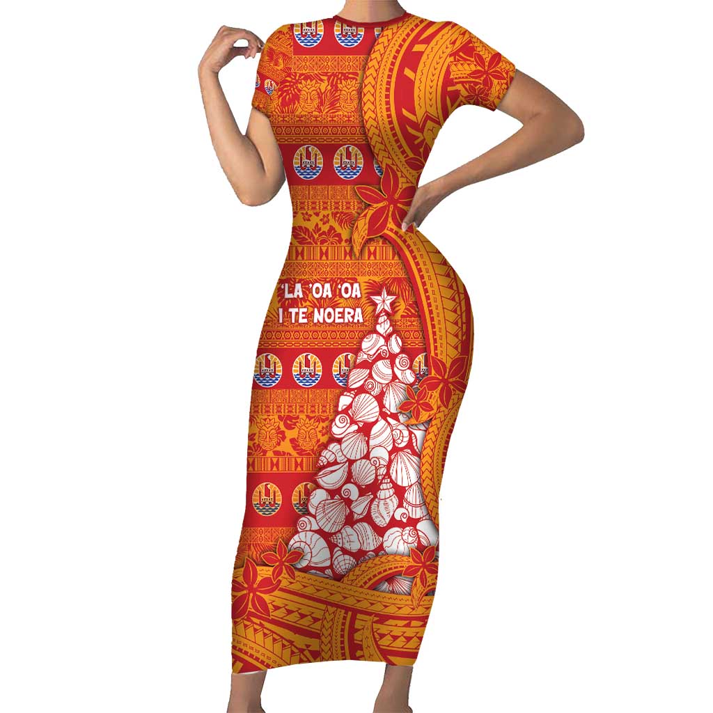 French Polynesia Christmas Short Sleeve Bodycon Dress Seashell Xmas Tree Tribal Waves - Polynesian Pride