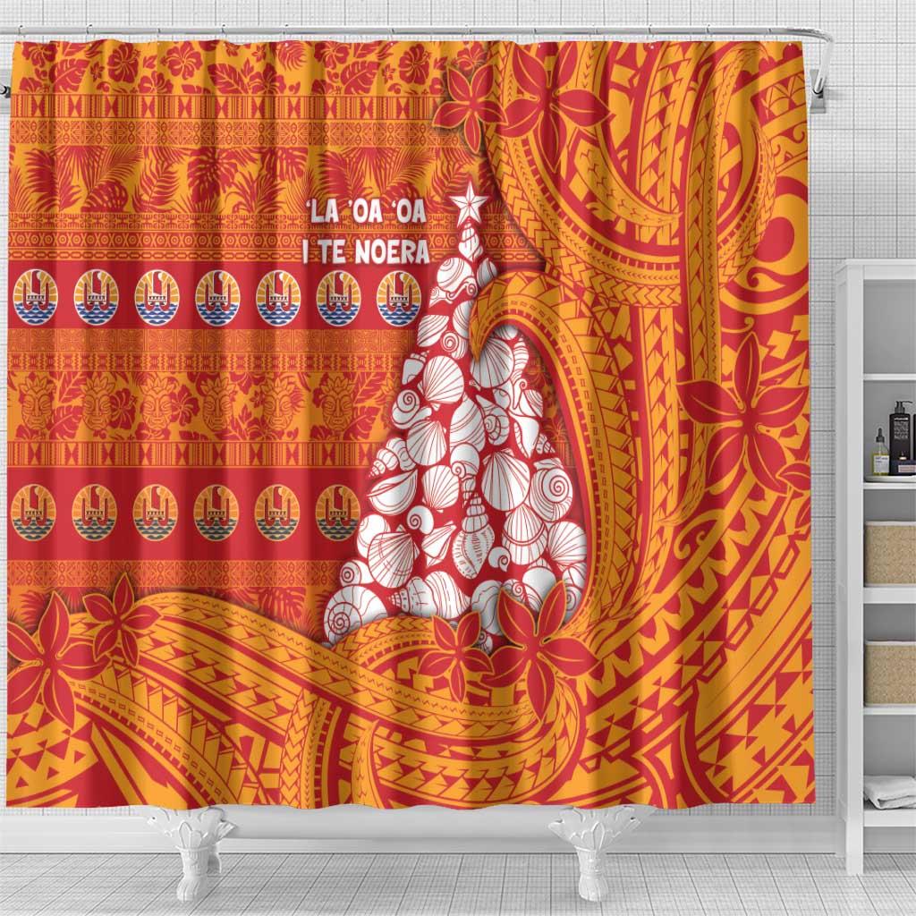French Polynesia Christmas Shower Curtain Seashell Xmas Tree Tribal Waves - Polynesian Pride