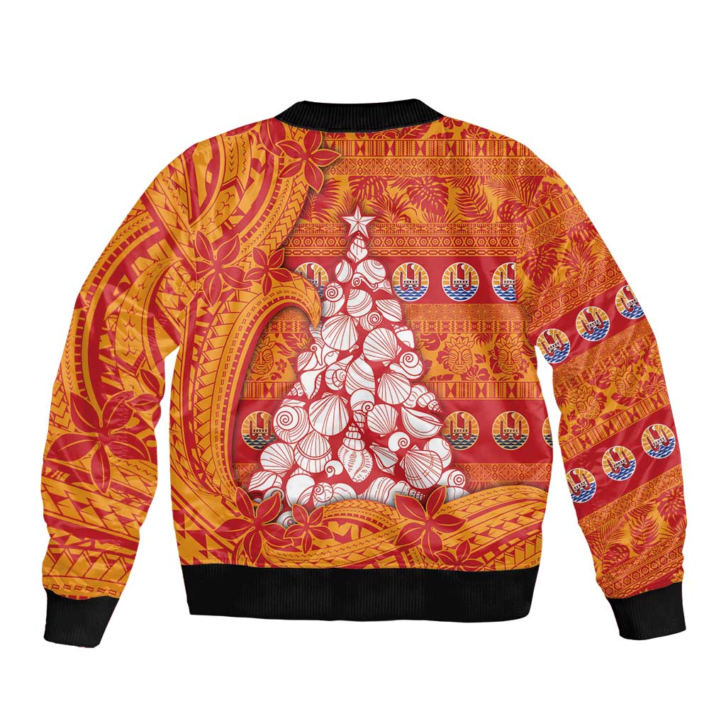 French Polynesia Christmas Sleeve Zip Bomber Jacket Seashell Xmas Tree Tribal Waves - Polynesian Pride