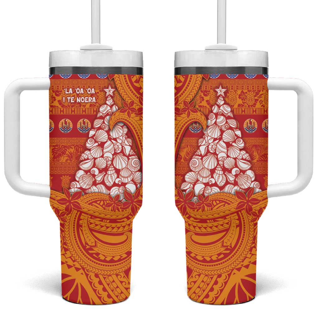 French Polynesia Christmas Tumbler With Handle Seashell Xmas Tree Tribal Waves - Polynesian Pride