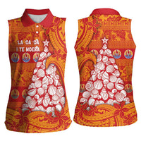 French Polynesia Christmas Women Sleeveless Polo Shirt Seashell Xmas Tree Tribal Waves - Polynesian Pride