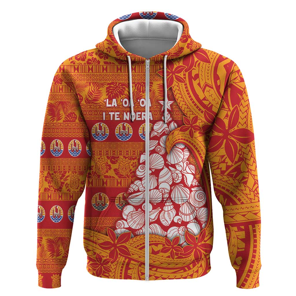 French Polynesia Christmas Zip Hoodie Seashell Xmas Tree Tribal Waves - Polynesian Pride