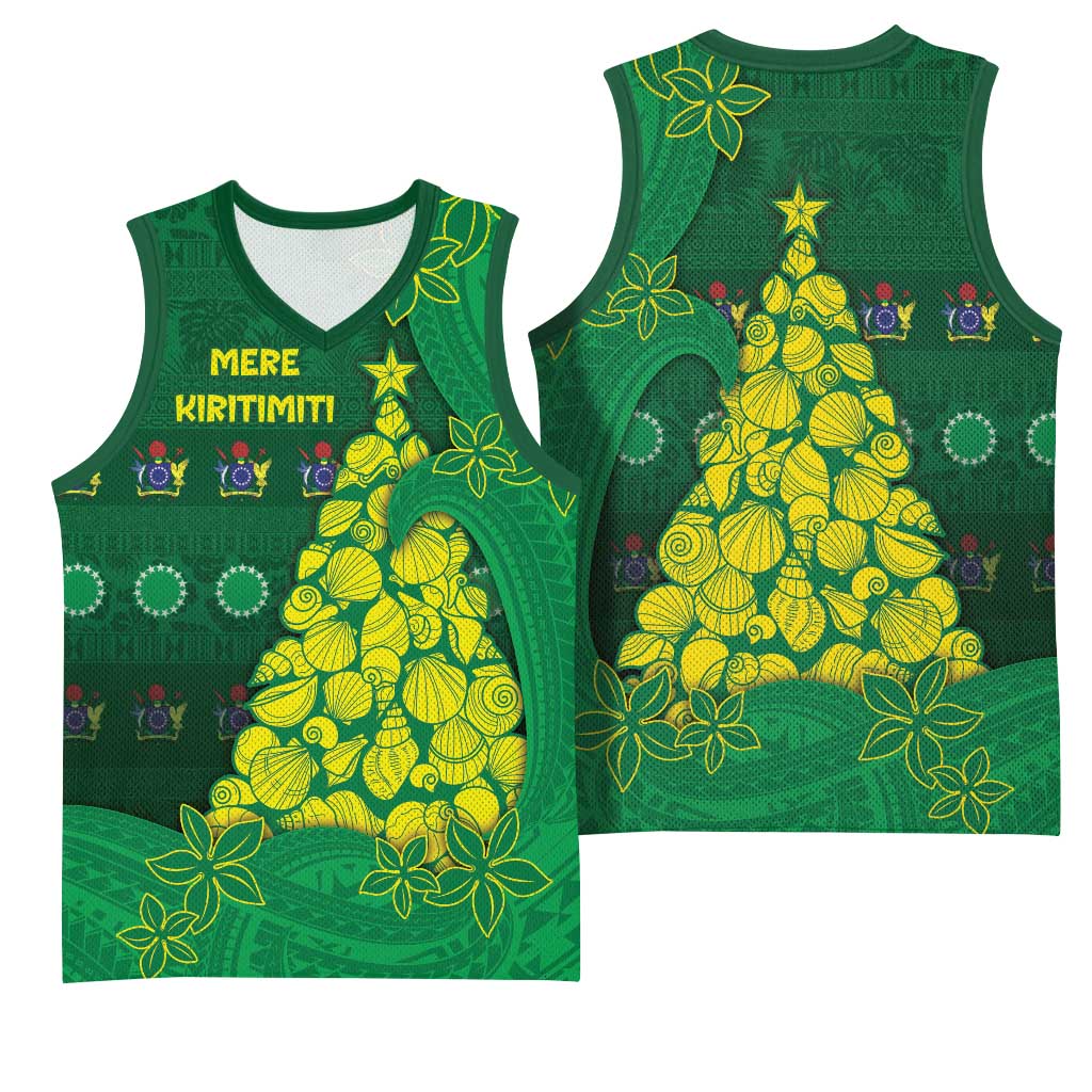 Cook Islands Christmas Basketball Jersey Seashell Xmas Tree Tribal Waves - Polynesian Pride
