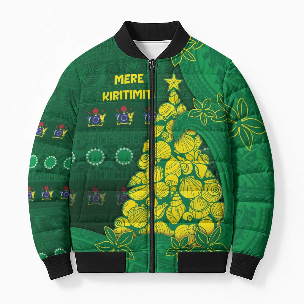 Cook Islands Christmas Bomber Puffer Jacket Seashell Xmas Tree Tribal Waves - Polynesian Pride