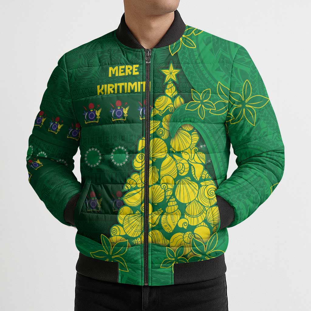 Cook Islands Christmas Bomber Puffer Jacket Seashell Xmas Tree Tribal Waves - Polynesian Pride