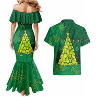 Cook Islands Christmas Couples Matching Mermaid Dress and Hawaiian Shirt Seashell Xmas Tree Tribal Waves - Polynesian Pride