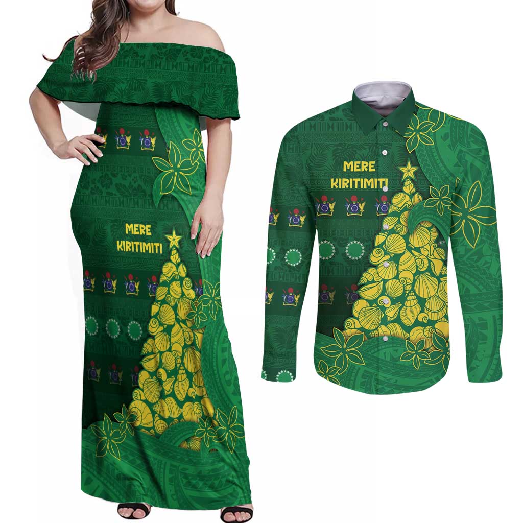 Cook Islands Christmas Couples Matching Off Shoulder Maxi Dress and Long Sleeve Button Shirt Seashell Xmas Tree Tribal Waves - Polynesian Pride