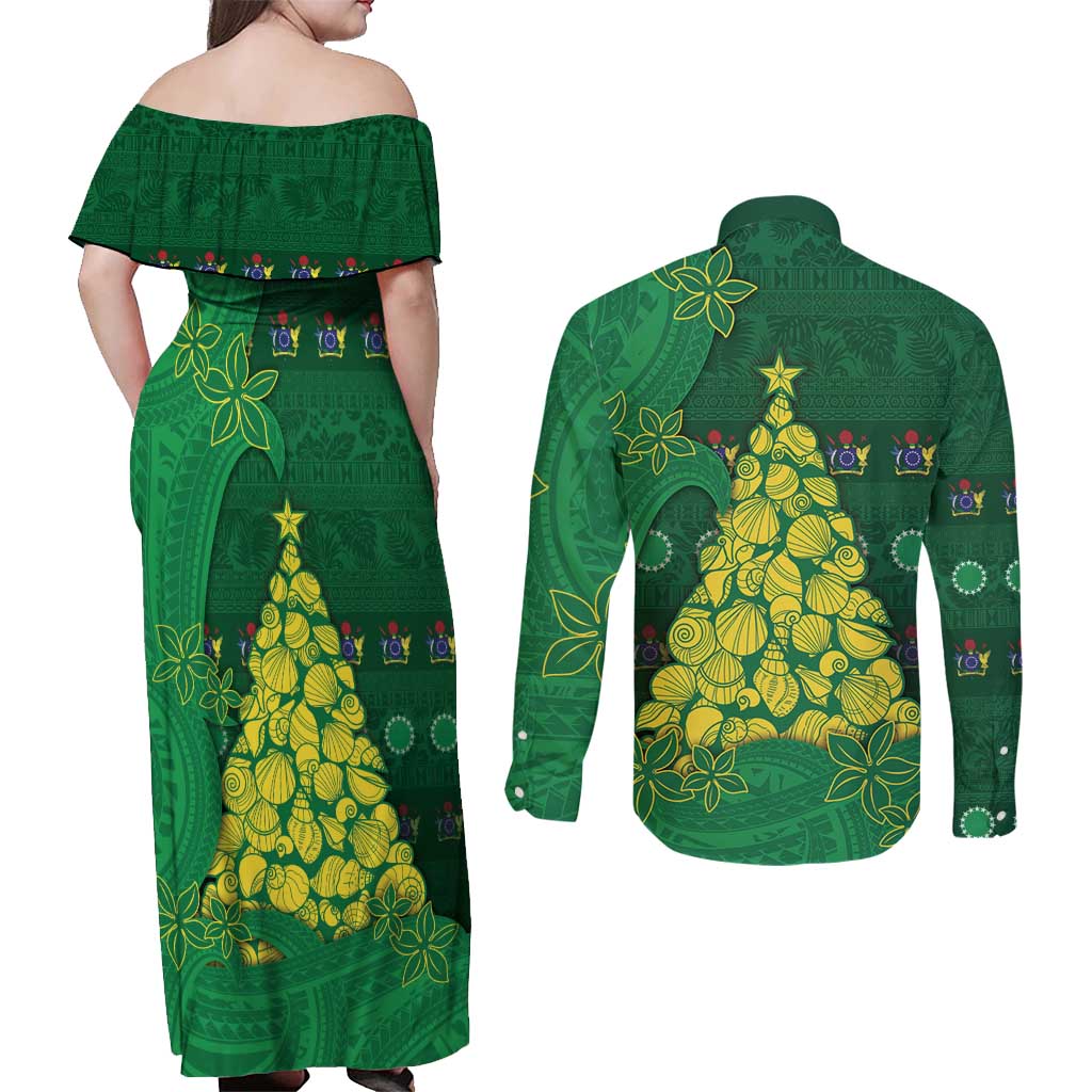 Cook Islands Christmas Couples Matching Off Shoulder Maxi Dress and Long Sleeve Button Shirt Seashell Xmas Tree Tribal Waves - Polynesian Pride