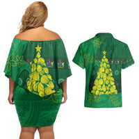 Cook Islands Christmas Couples Matching Off Shoulder Short Dress and Hawaiian Shirt Seashell Xmas Tree Tribal Waves - Polynesian Pride