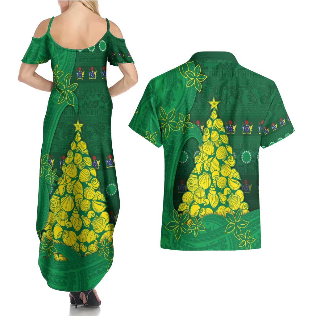 Cook Islands Christmas Couples Matching Summer Maxi Dress and Hawaiian Shirt Seashell Xmas Tree Tribal Waves - Polynesian Pride