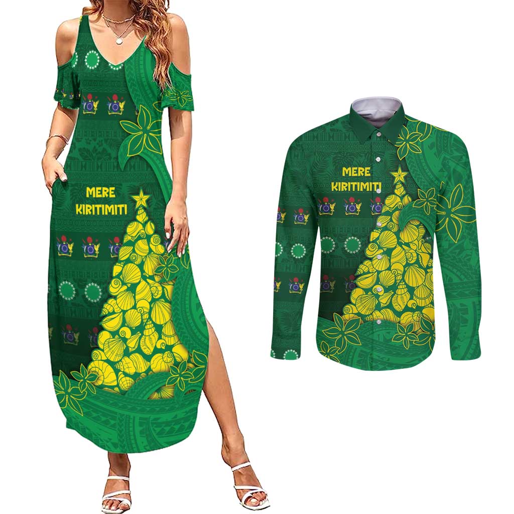 Cook Islands Christmas Couples Matching Summer Maxi Dress and Long Sleeve Button Shirt Seashell Xmas Tree Tribal Waves - Polynesian Pride