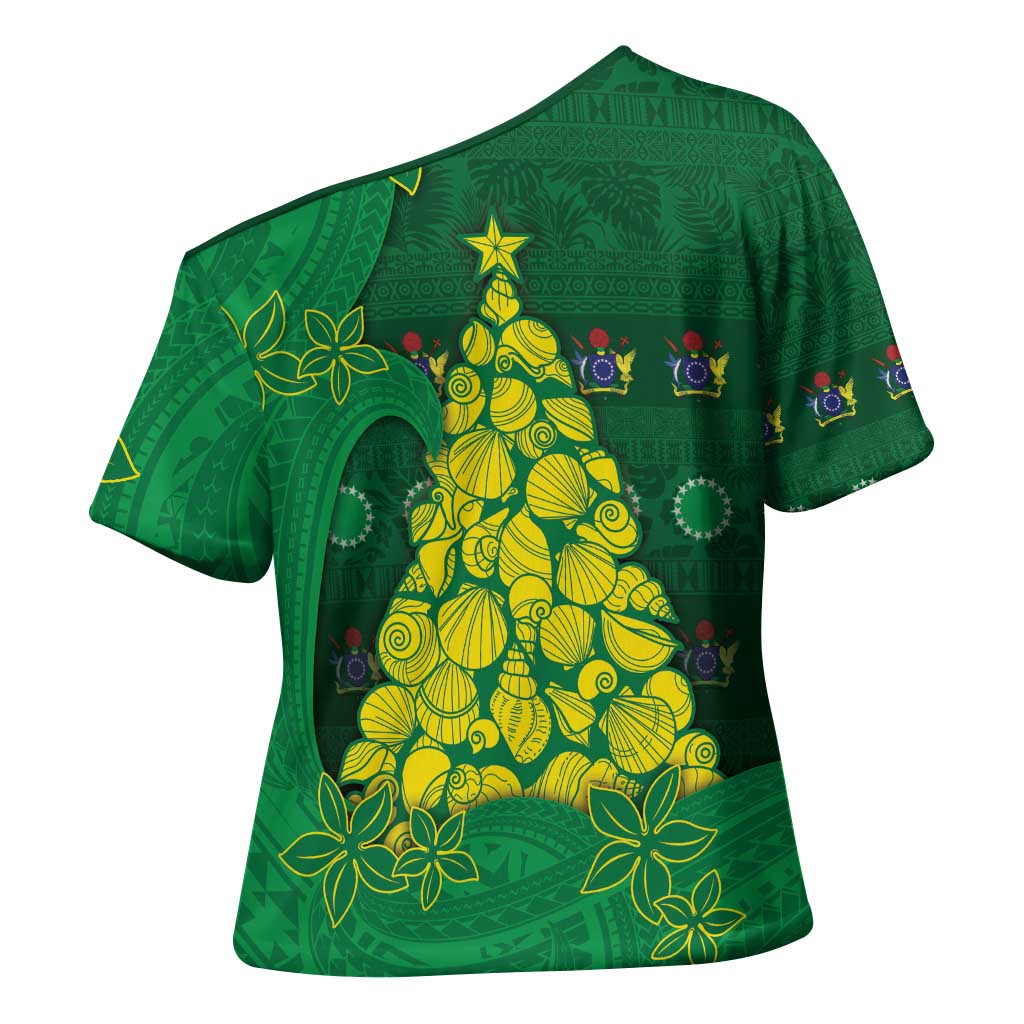 Cook Islands Christmas Cross Shoulder Shirt Seashell Xmas Tree Tribal Waves - Polynesian Pride