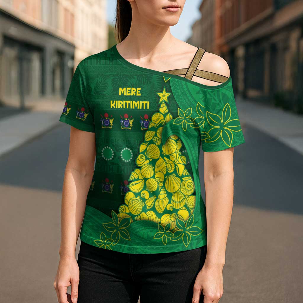 Cook Islands Christmas Cross Shoulder Shirt Seashell Xmas Tree Tribal Waves - Polynesian Pride