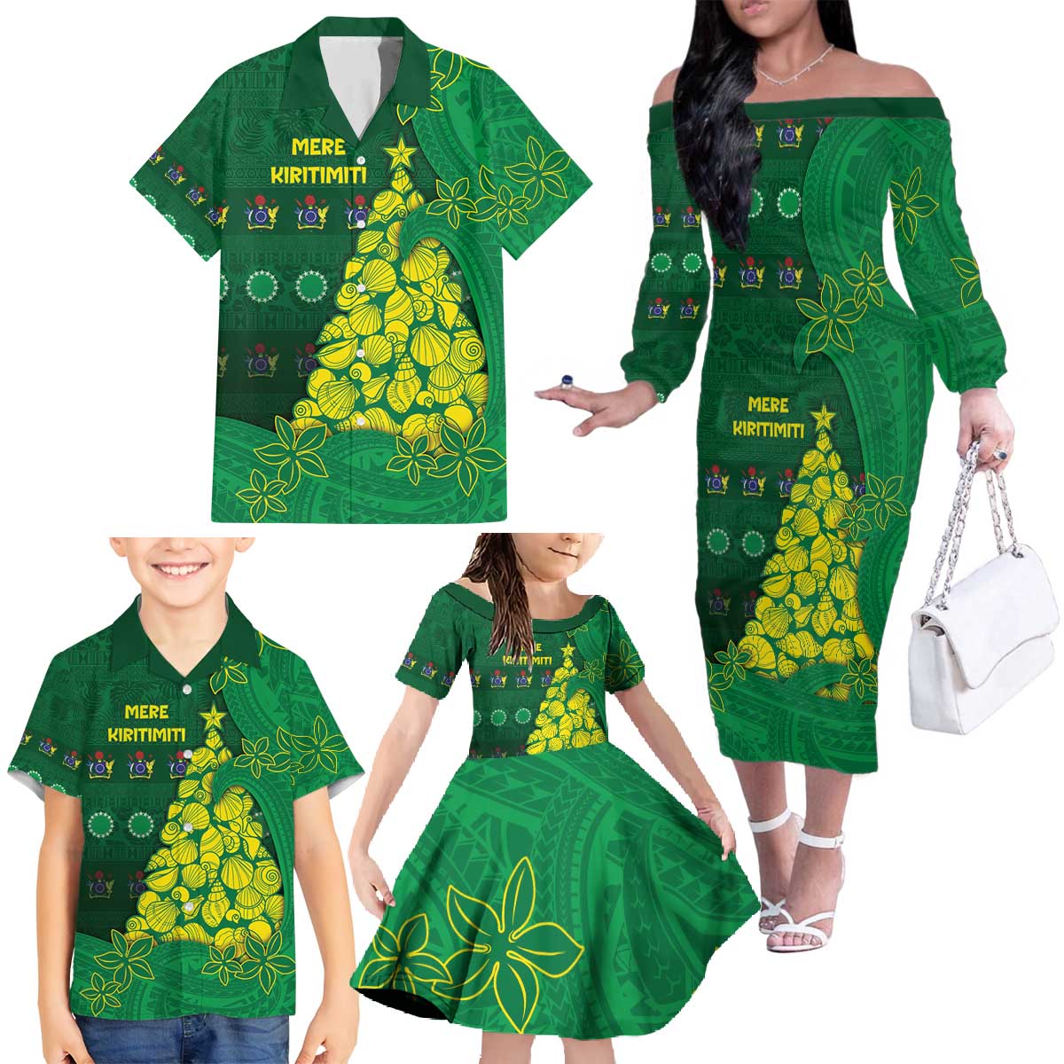 Cook Islands Christmas Family Matching Off The Shoulder Long Sleeve Dress and Hawaiian Shirt Seashell Xmas Tree Tribal Waves - Polynesian Pride