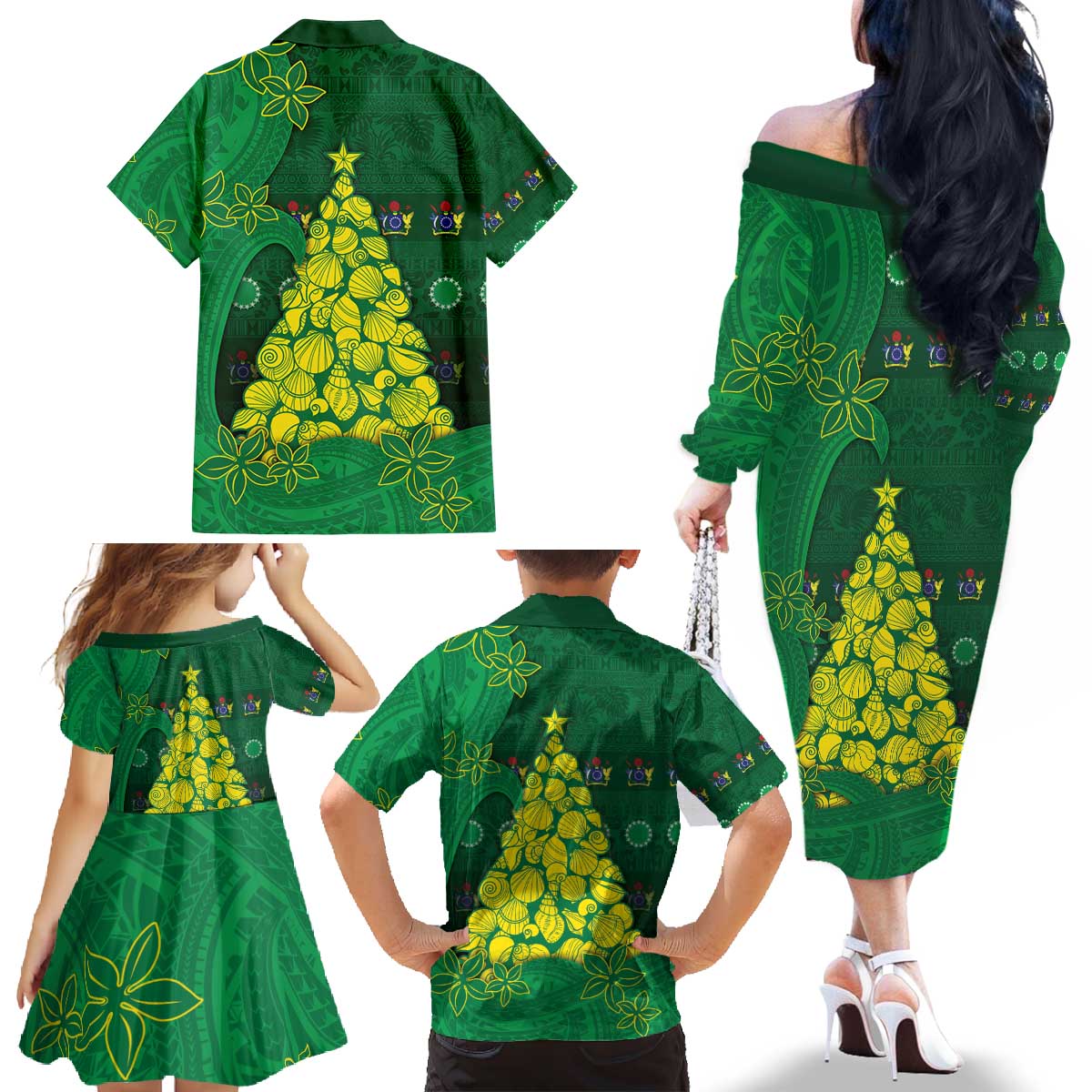 Cook Islands Christmas Family Matching Off The Shoulder Long Sleeve Dress and Hawaiian Shirt Seashell Xmas Tree Tribal Waves - Polynesian Pride