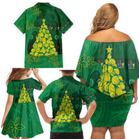 Cook Islands Christmas Family Matching Off Shoulder Short Dress and Hawaiian Shirt Seashell Xmas Tree Tribal Waves - Polynesian Pride