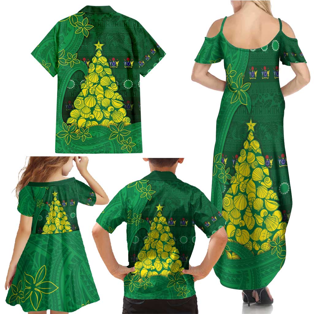 Cook Islands Christmas Family Matching Summer Maxi Dress and Hawaiian Shirt Seashell Xmas Tree Tribal Waves - Polynesian Pride