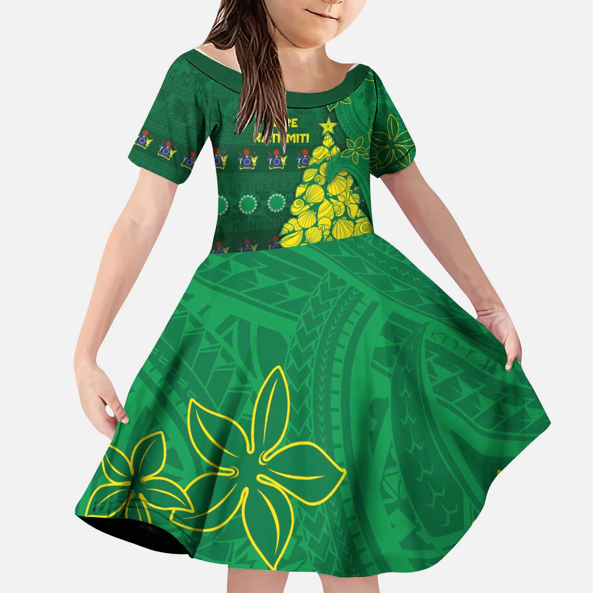Cook Islands Christmas Kid Short Sleeve Dress Seashell Xmas Tree Tribal Waves - Polynesian Pride