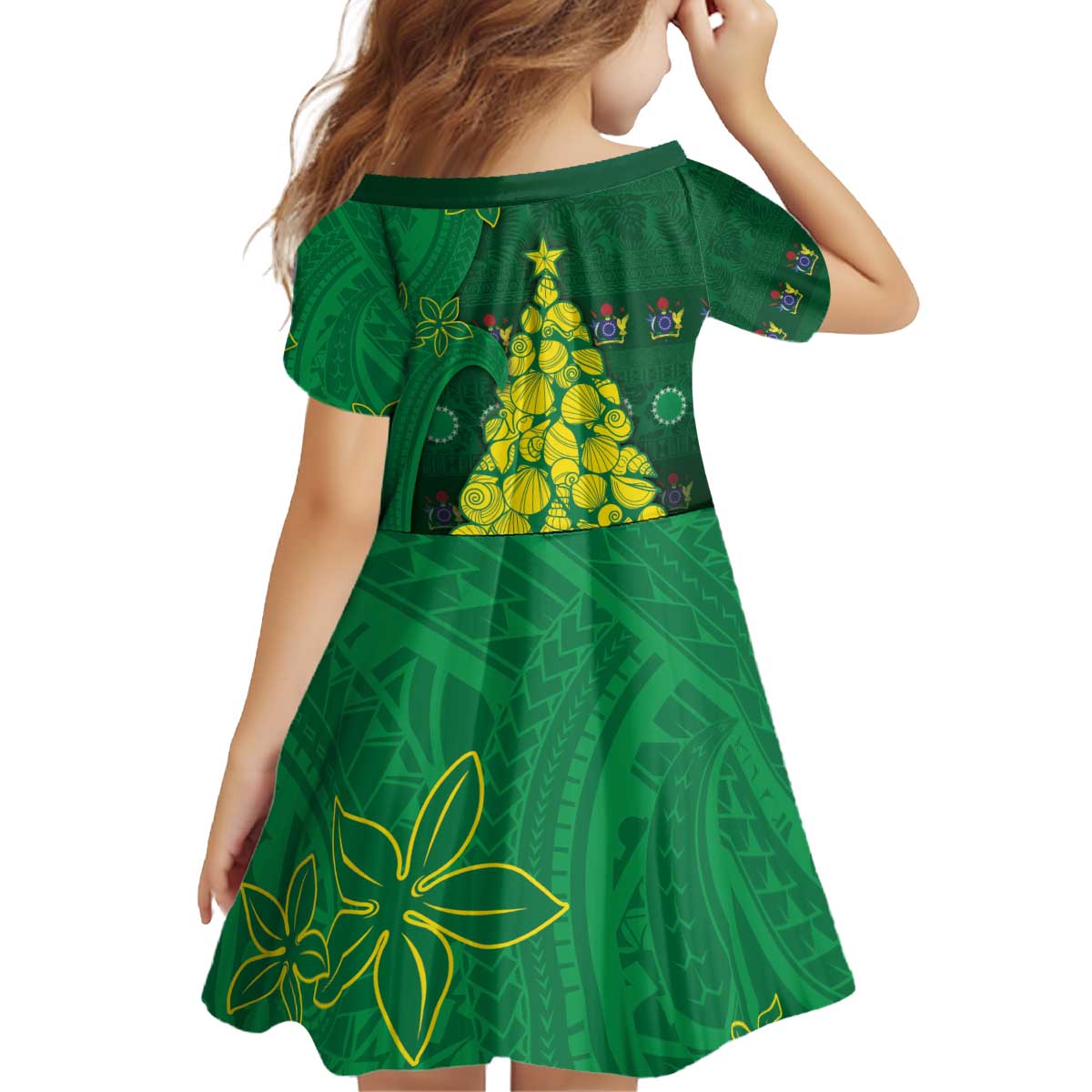 Cook Islands Christmas Kid Short Sleeve Dress Seashell Xmas Tree Tribal Waves - Polynesian Pride