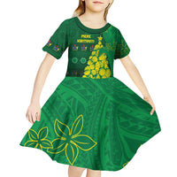 Cook Islands Christmas Kid Short Sleeve Dress Seashell Xmas Tree Tribal Waves - Polynesian Pride