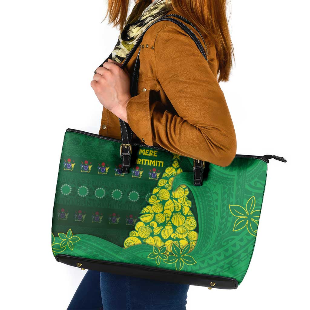 Cook Islands Christmas Leather Tote Bag Seashell Xmas Tree Tribal Waves - Polynesian Pride