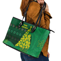 Cook Islands Christmas Leather Tote Bag Seashell Xmas Tree Tribal Waves - Polynesian Pride