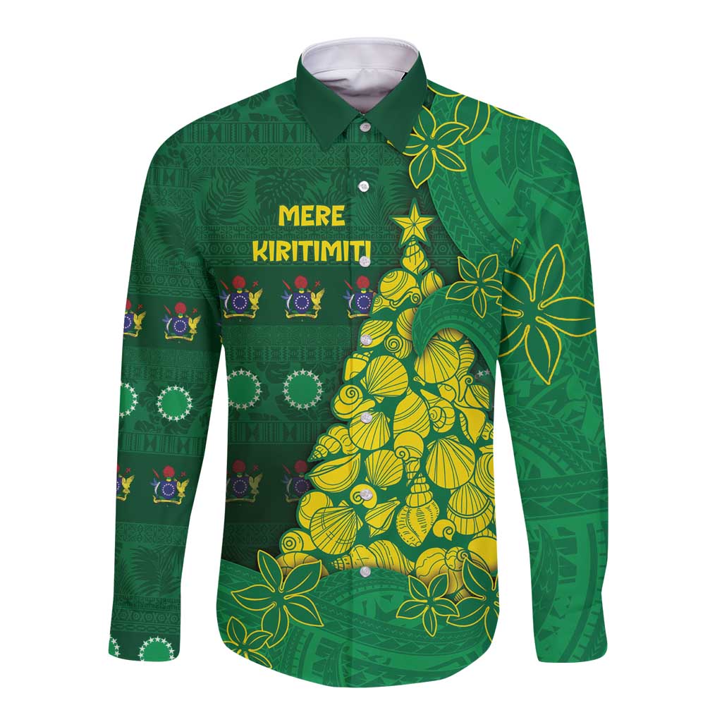 Cook Islands Christmas Long Sleeve Button Shirt Seashell Xmas Tree Tribal Waves - Polynesian Pride