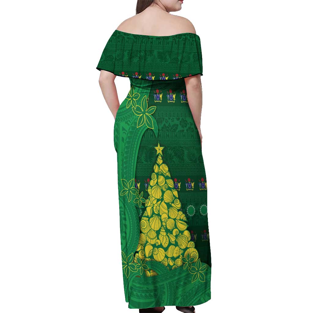 Cook Islands Christmas Off Shoulder Maxi Dress Seashell Xmas Tree Tribal Waves - Polynesian Pride