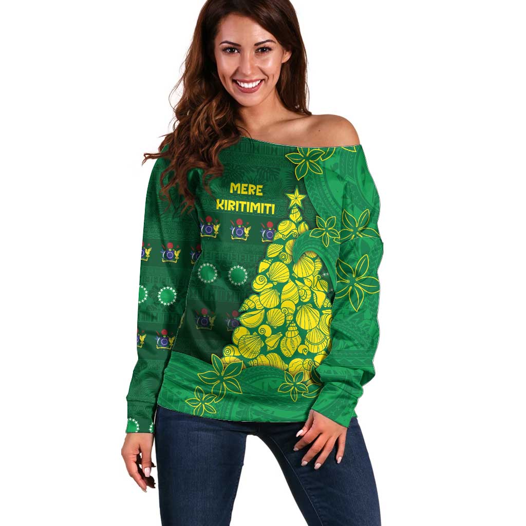 Cook Islands Christmas Off Shoulder Sweater Seashell Xmas Tree Tribal Waves - Polynesian Pride