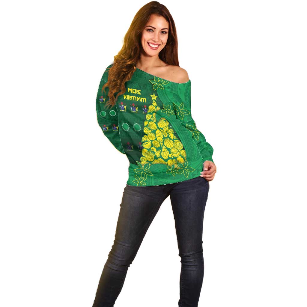 Cook Islands Christmas Off Shoulder Sweater Seashell Xmas Tree Tribal Waves - Polynesian Pride