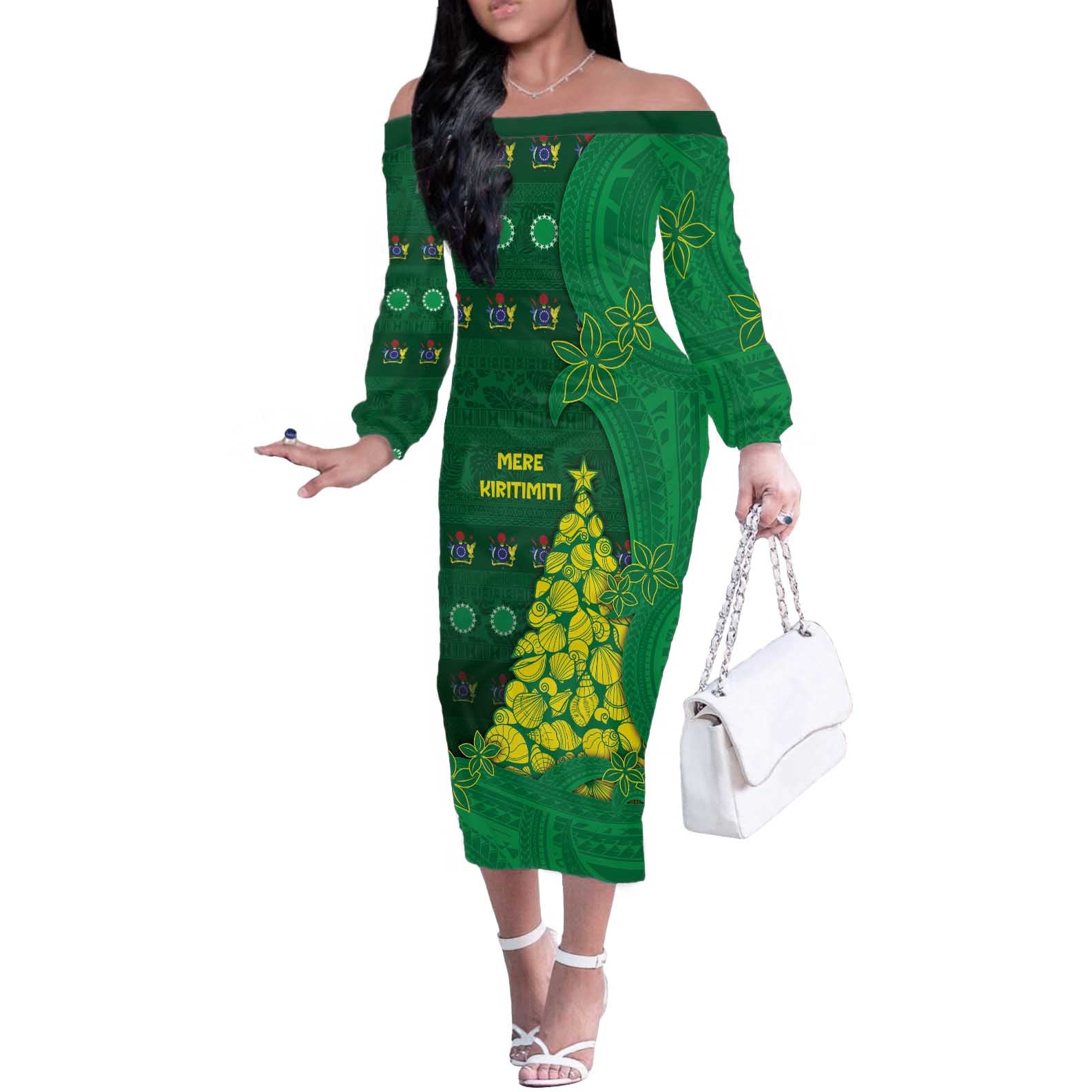 Cook Islands Christmas Off The Shoulder Long Sleeve Dress Seashell Xmas Tree Tribal Waves - Polynesian Pride