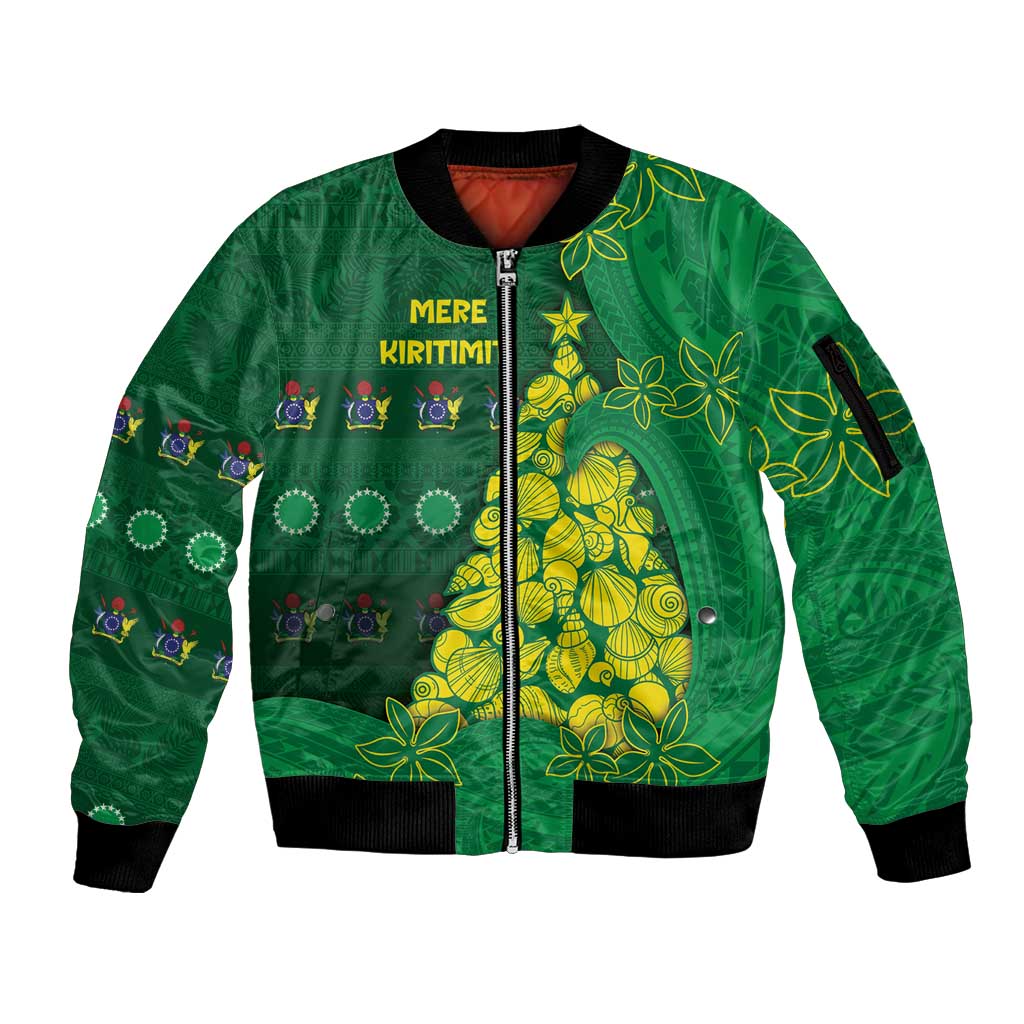 Cook Islands Christmas Sleeve Zip Bomber Jacket Seashell Xmas Tree Tribal Waves - Polynesian Pride