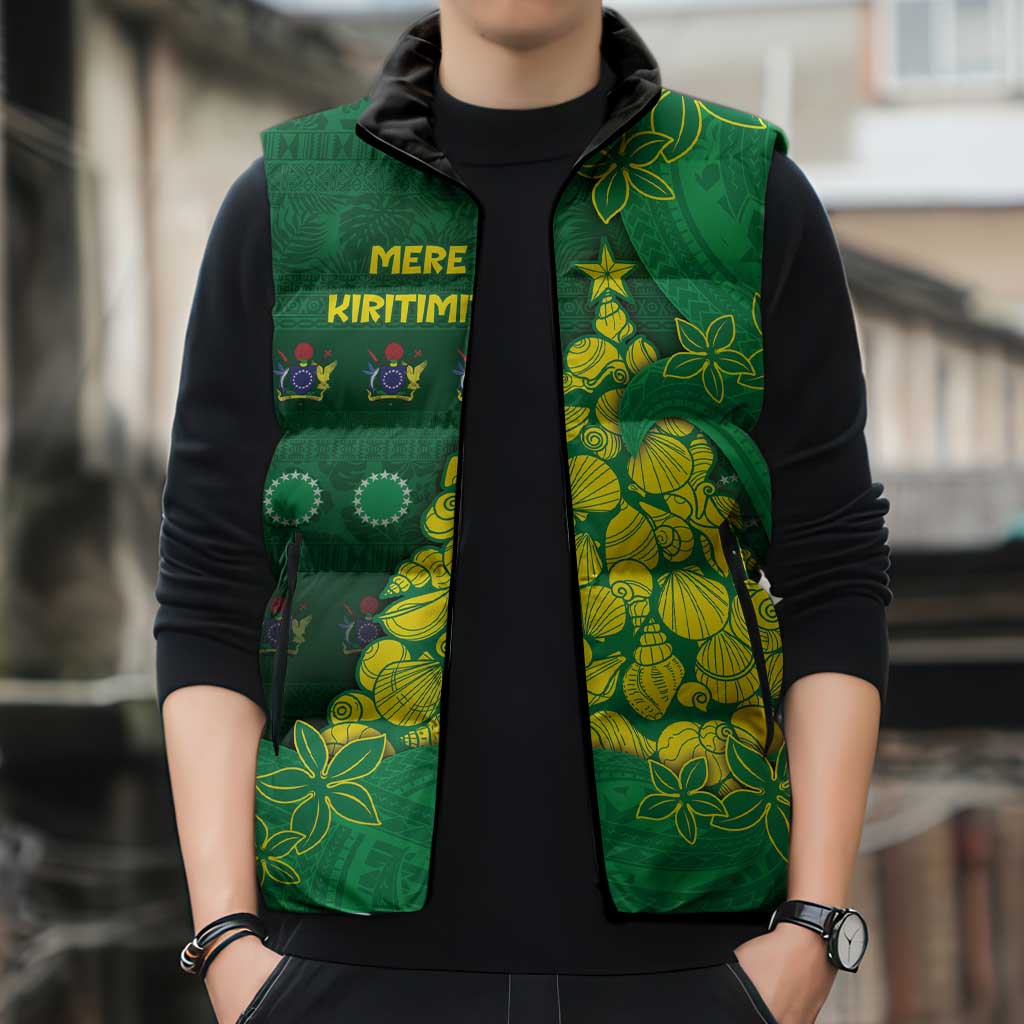 Cook Islands Christmas Sleeveless Puffer Jacket Seashell Xmas Tree Tribal Waves - Polynesian Pride